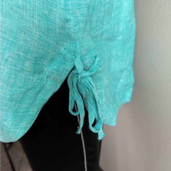 Issac Mizrahi Teal Linen Pop Over Blouse - Picture 3 of 6